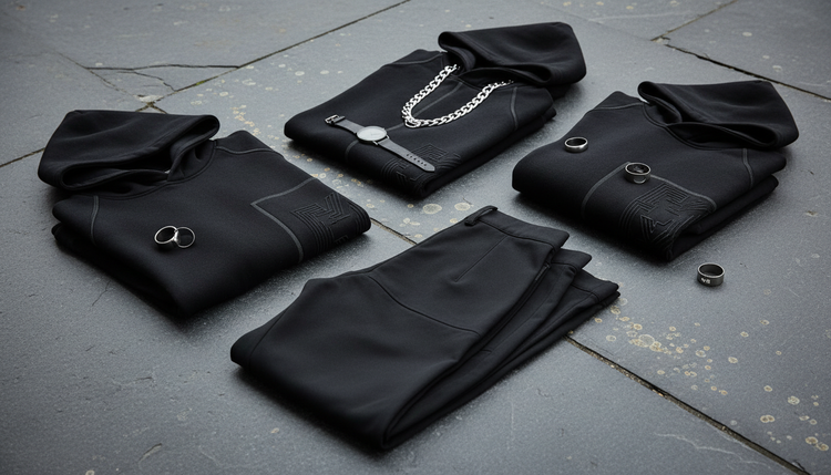 Folded black streetwear garments